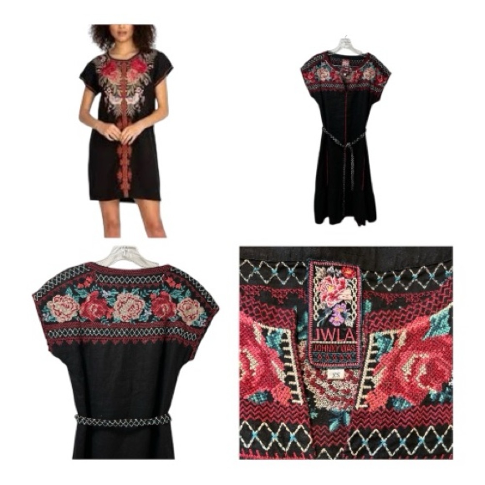 Johnny Was Boho Black Embroidered Dress Floral Ethnic Midi Tunic Style 3067JW